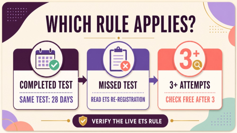 Praxis SLP retake policy decision map showing a completed test missed appointment and 28-day wait
