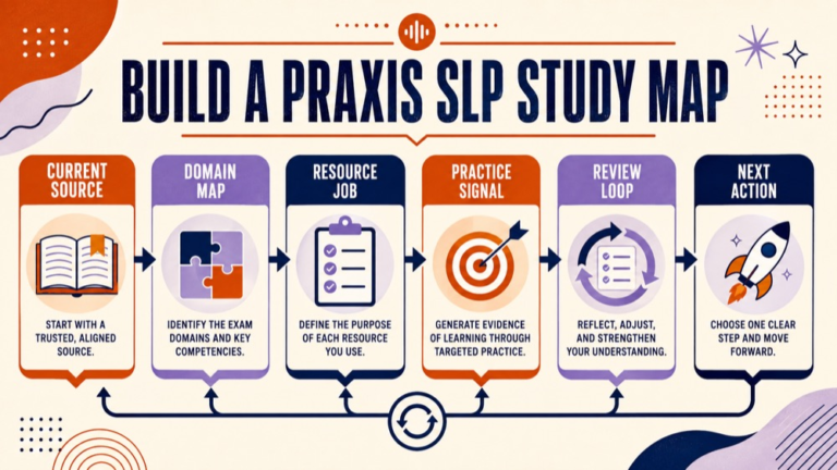 praxis slp study guide infographic showing build a praxis slp study map