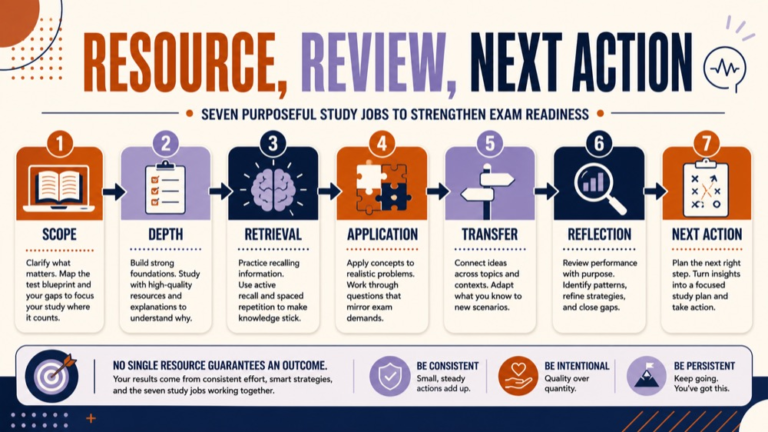praxis slp study guide infographic showing resource, review, next action