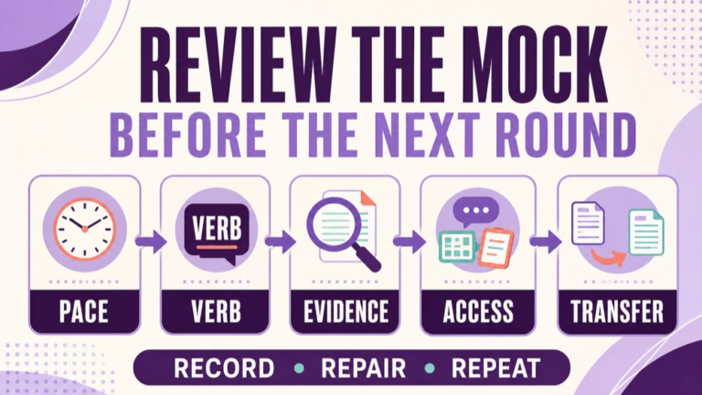 Praxis speech language pathology mock exam infographic showing how to review pacing evidence access and sequence before the next round