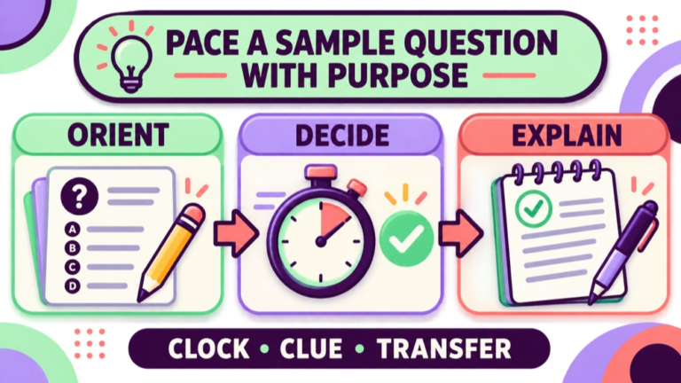 Praxis speech language pathology sample questions infographic showing a three-pass orient decide explain timing method
