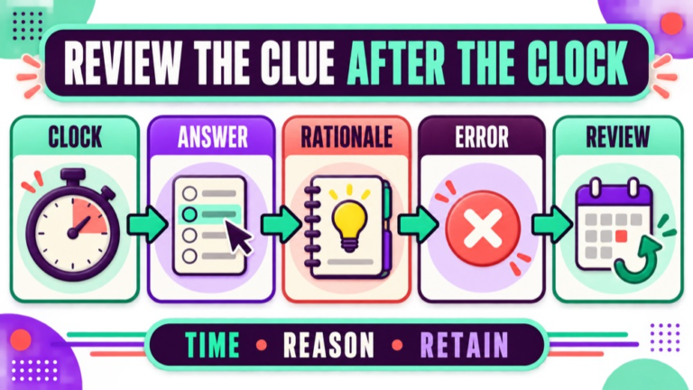 Praxis speech language pathology sample questions infographic showing how to review verb clue fit distractor boundary and next step