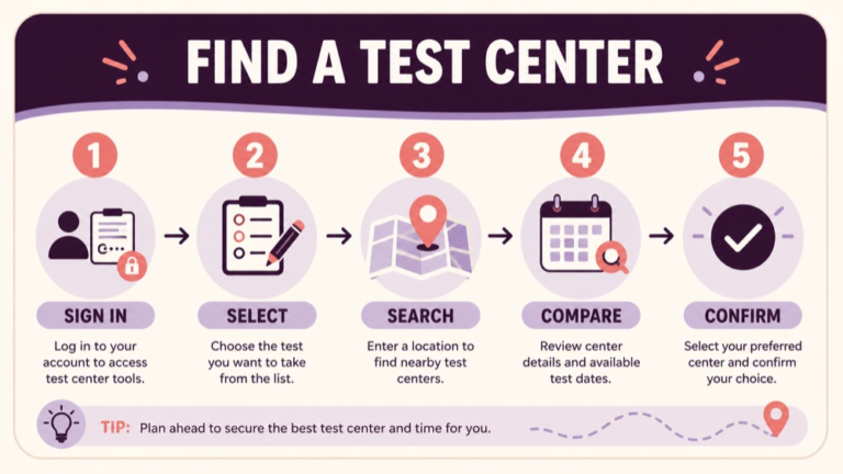 Praxis speech language pathology test center search and booking infographic