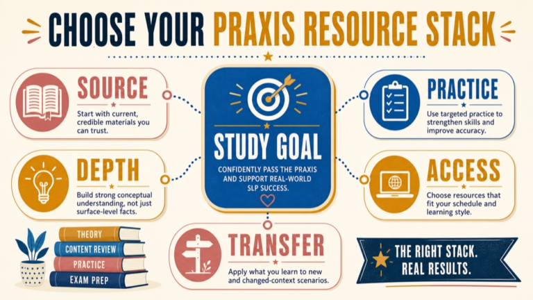 praxis study guide for speech language pathology infographic showing choose your praxis resource stack