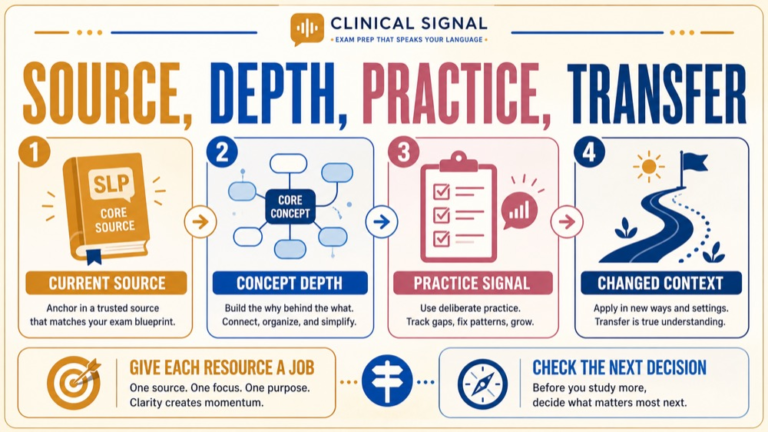 praxis study guide for speech language pathology infographic showing source, depth, practice, transfer