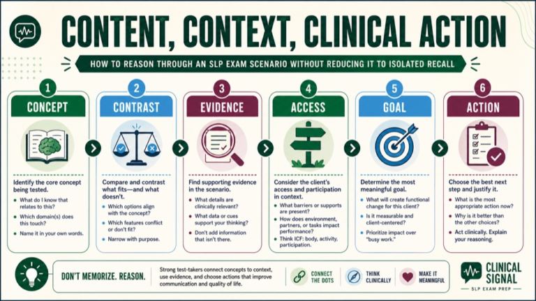 praxis study guide speech language pathology infographic showing content, context, clinical action