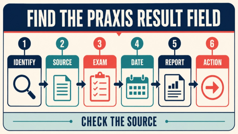 praxis test results infographic showing find the praxis result field
