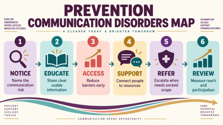 Prevention communication disorders concept map showing the core domains and clinical questions