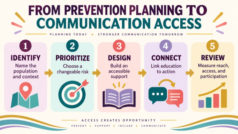 Prevention communication disorders infographic showing context, evidence, and proportionate next steps