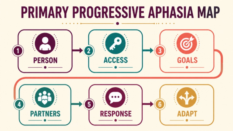 Primary progressive aphasia treatment concept map showing the core domains and clinical questions
