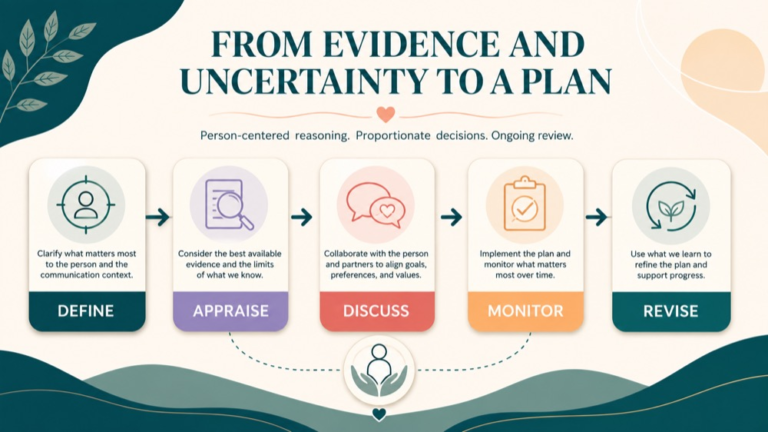 Prognosis speech language pathology infographic showing context, evidence, and proportionate next steps