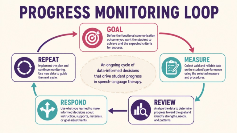 Progress monitoring speech language concept map showing the core domains and clinical questions