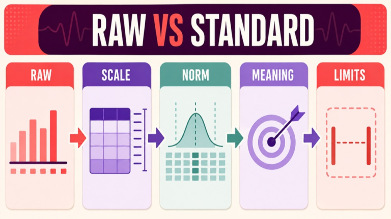 Raw scores vs standard scores concept map showing the core domains and clinical questions