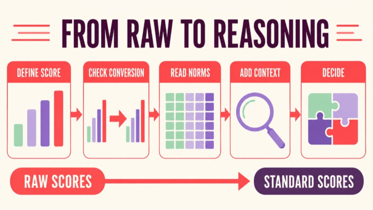 Raw scores vs standard scores infographic showing context, evidence, and proportionate next steps