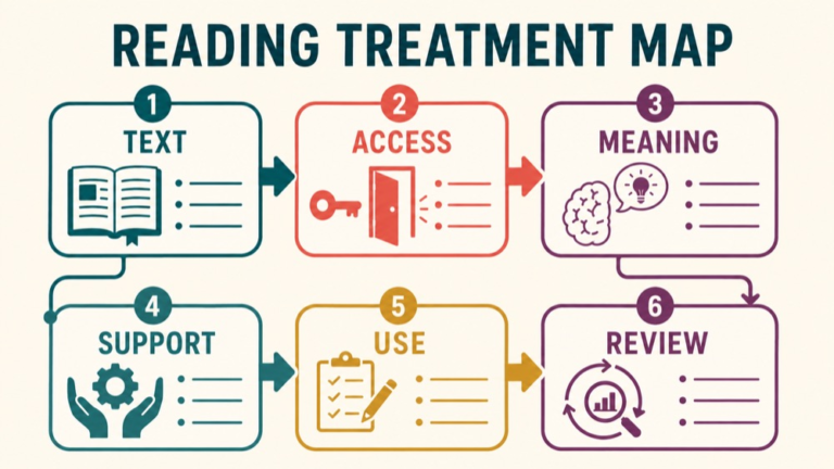 Reading treatment aphasia concept map showing the core domains and clinical questions