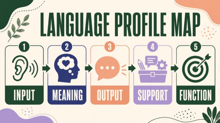 Receptive versus expressive language assessment infographic showing the path from language evidence to a functional support plan