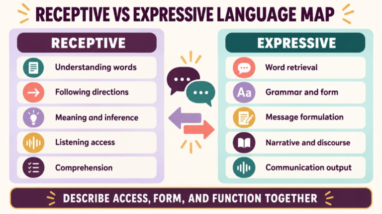 Receptive vs expressive language concept map showing the core domains and clinical questions