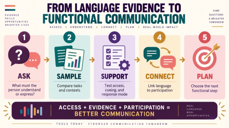 Receptive vs expressive language infographic showing context, evidence, and proportionate next steps