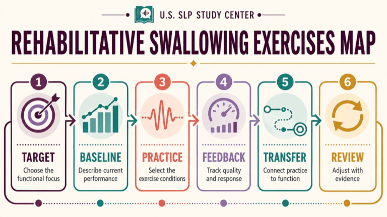 Rehabilitative swallowing exercises concept map showing the core domains and clinical questions