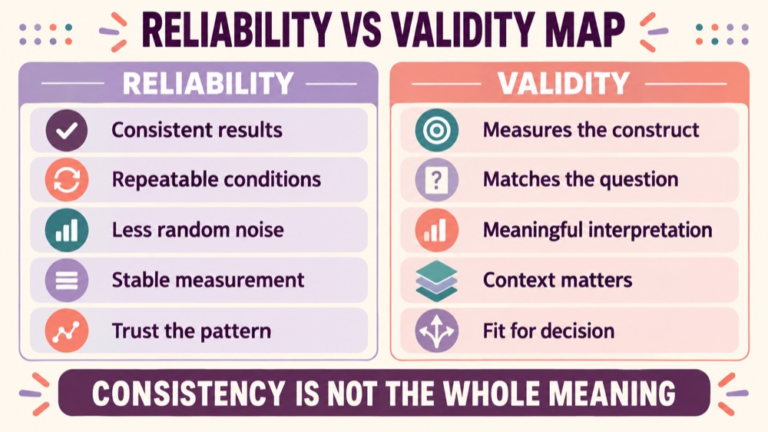 Reliability vs validity concept map showing the core domains and clinical questions