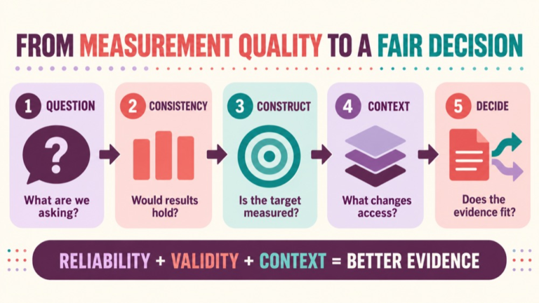 Reliability vs validity infographic showing context, evidence, and proportionate next steps