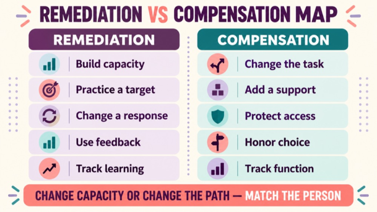 Remediation vs compensation concept map showing the core domains and clinical questions