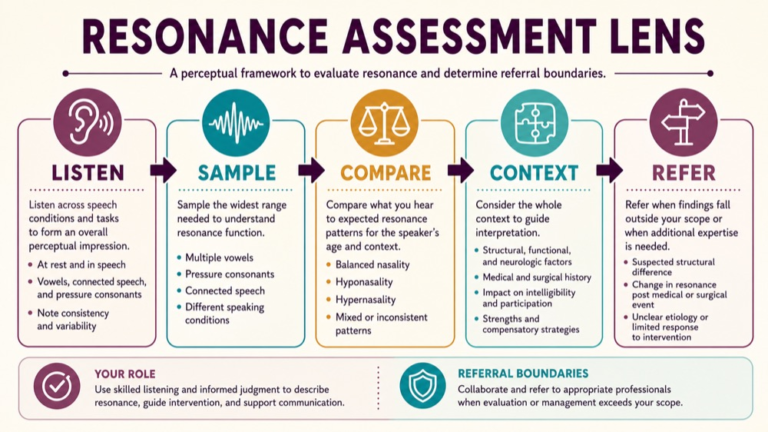 Resonance disorders assessment concept map showing the core domains and clinical questions