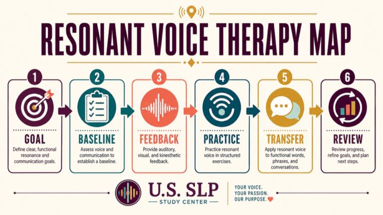 Resonant voice therapy concept map showing the core domains and clinical questions