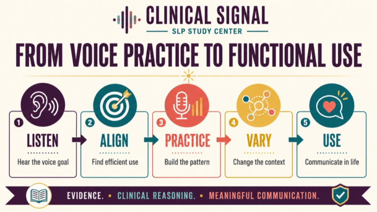 Resonant voice therapy infographic showing context, evidence, and proportionate next steps