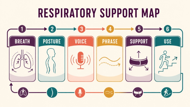 Respiratory support treatment dysarthria concept map showing the core domains and clinical questions