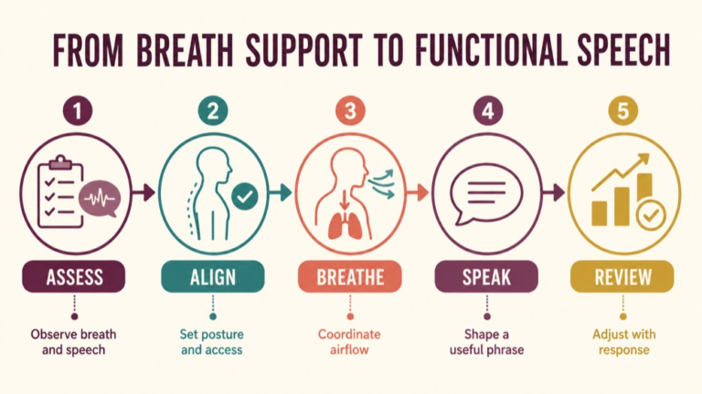 Respiratory support treatment dysarthria infographic showing context, evidence, and proportionate next steps