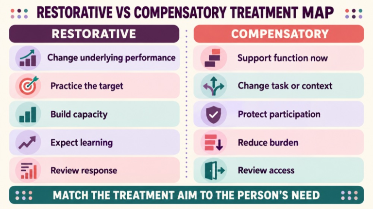 Restorative vs compensatory treatment concept map showing the core domains and clinical questions