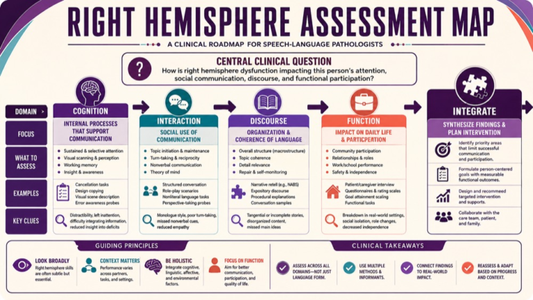 Right hemisphere disorder assessment concept map showing the core assessment domains and clinical questions