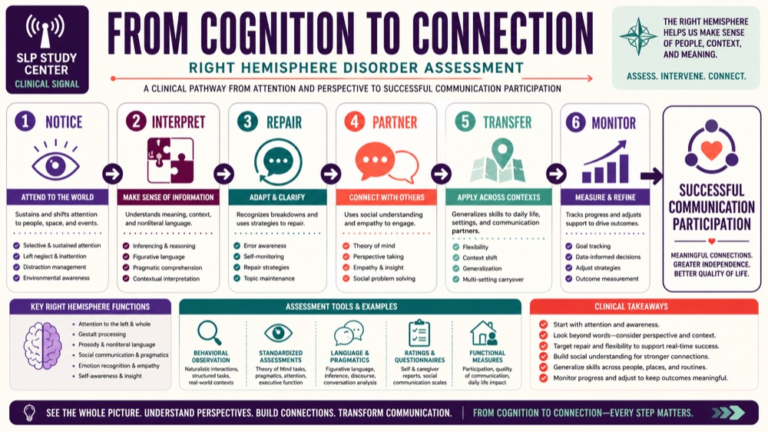 Right hemisphere disorder assessment infographic showing context, evidence, and proportionate next steps
