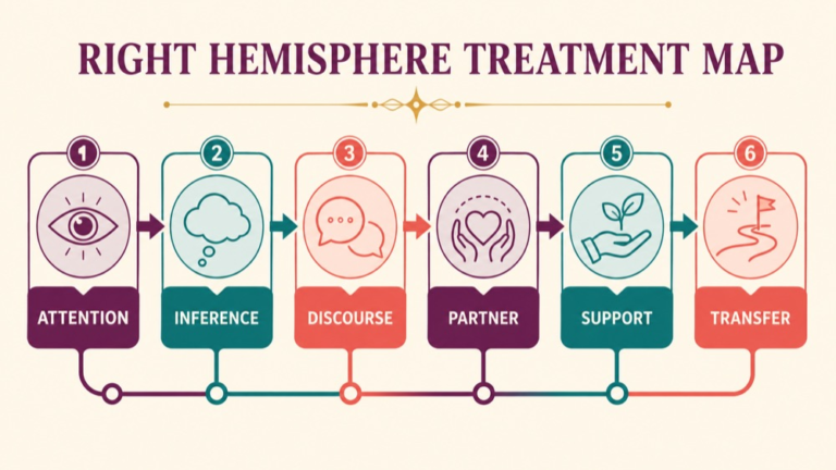 Right hemisphere disorder treatment concept map showing the core domains and clinical questions