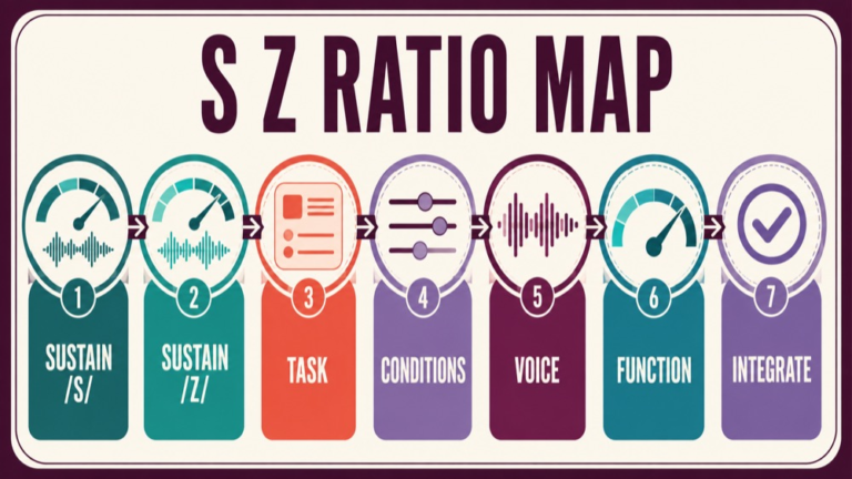 S z ratio voice assessment concept map showing the core assessment domains and clinical questions