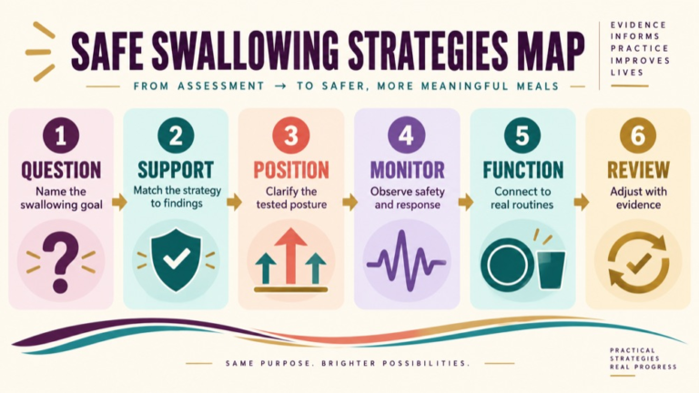 Safe swallowing strategies concept map showing the core domains and clinical questions