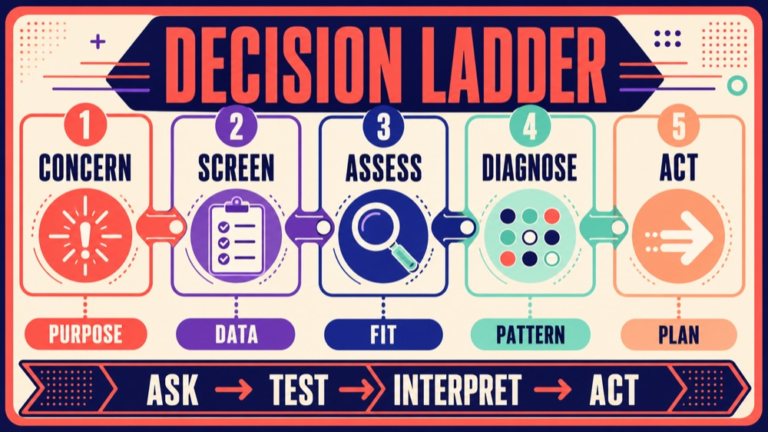 Screening assessment diagnosis Praxis questions showing a concern to action decision ladder