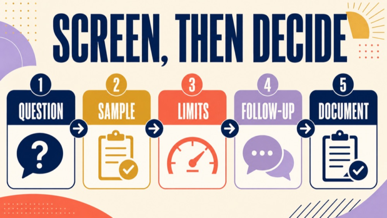 Screening tools in speech-language pathology infographic showing the path from tool choice to fair interpretation and follow-up