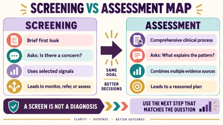 Screening vs assessment concept map showing the core domains and clinical questions