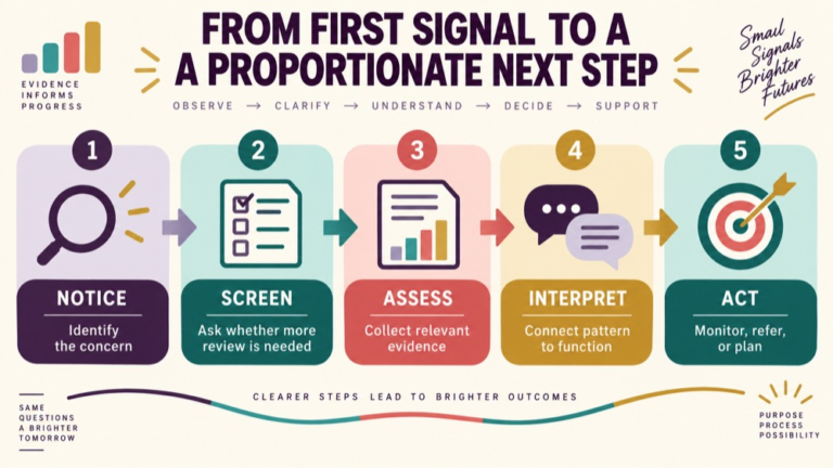 Screening vs assessment infographic showing context, evidence, and proportionate next steps