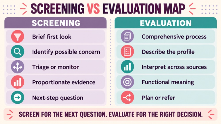 Screening vs evaluation concept map showing the core domains and clinical questions