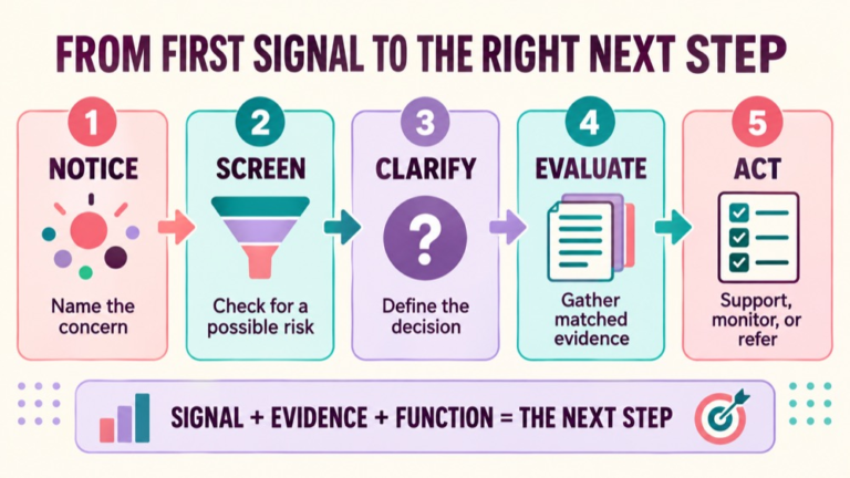 Screening vs evaluation infographic showing context, evidence, and proportionate next steps