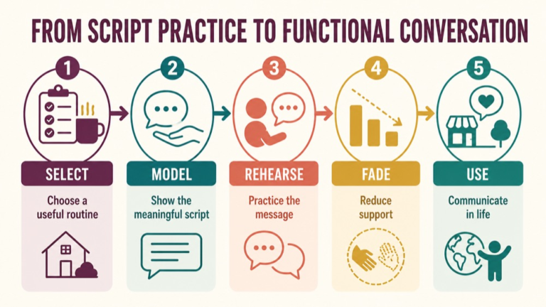 Script training aphasia infographic showing context, evidence, and proportionate next steps