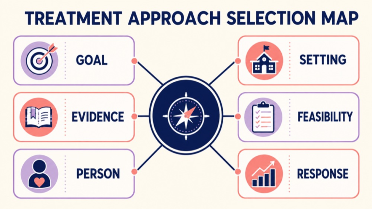 Selecting treatment approaches concept map showing the core domains and clinical questions