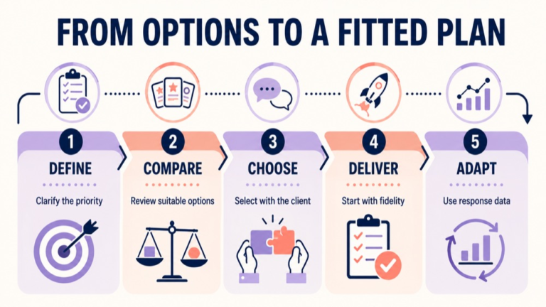 Selecting treatment approaches infographic showing context, evidence, and proportionate next steps
