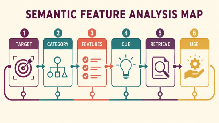 Semantic feature analysis concept map showing the core domains and clinical questions