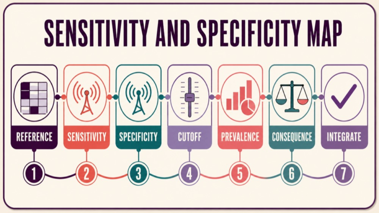 Sensitivity and specificity assessment concept map showing the core assessment domains and clinical questions