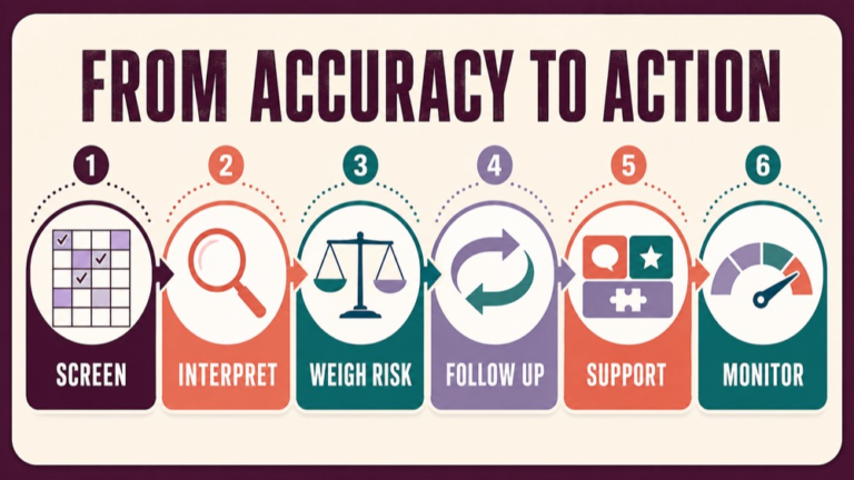 Sensitivity and specificity assessment infographic showing context, evidence, and proportionate next steps