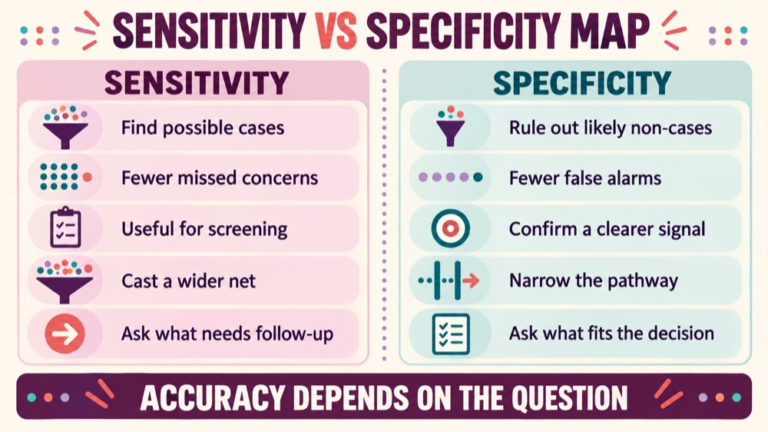 Sensitivity vs specificity concept map showing the core domains and clinical questions